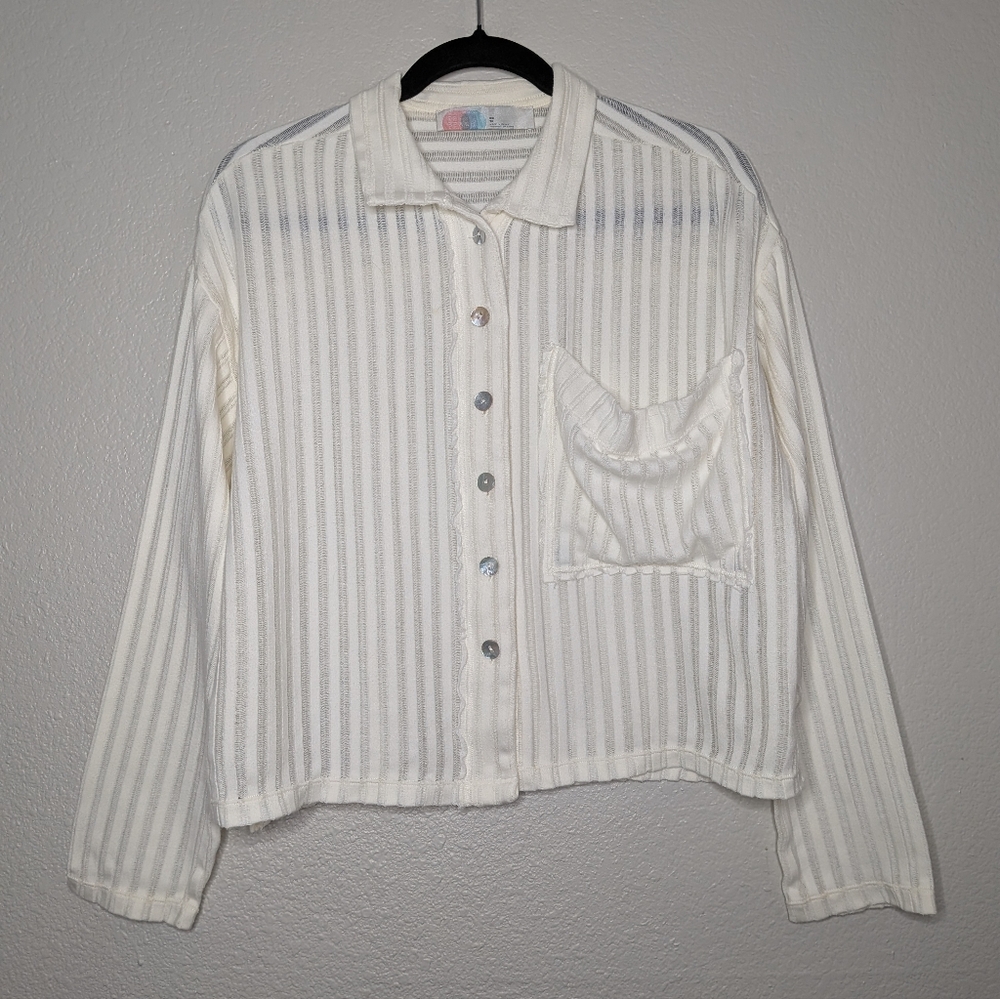 Free People Striped Sheer Open Knit Oversized Cream Button Up Cardigan XS